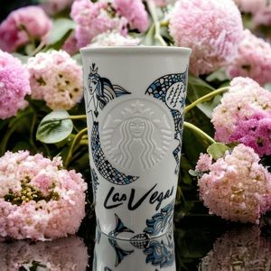 MINT CONDITION Starbucks Las Vegas Siren Cards Print Ceramic Travel Tumbler